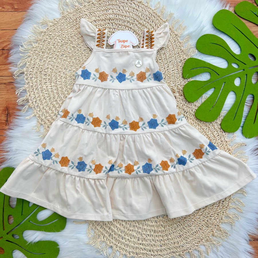 Vestido com Rosas Ferrugem e Azul - Areia